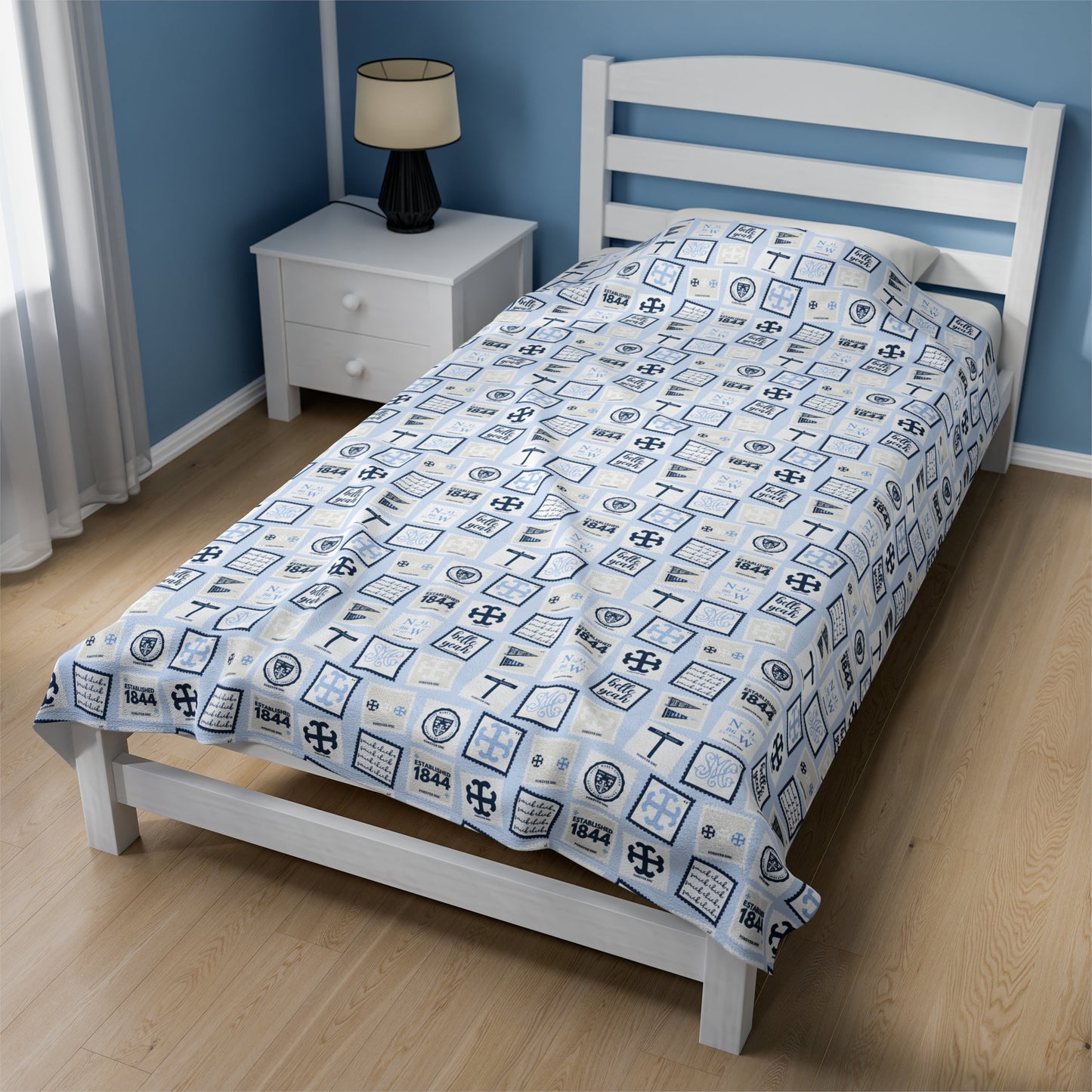 Saint Mary's College Postage Stamp Velveteen Plush Blanket | Belles | French Cross | The Avenue | Better in Blue Co.