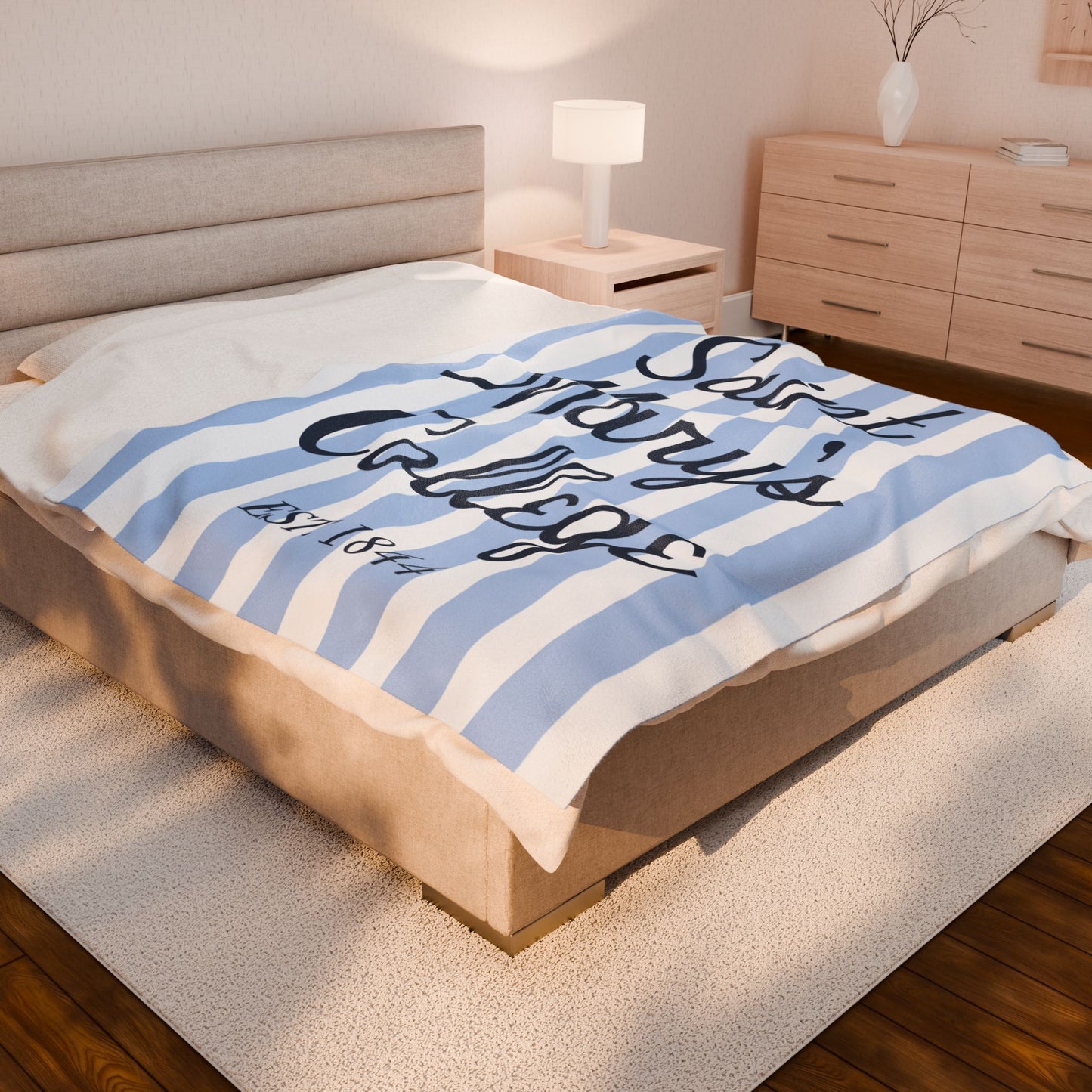 Saint Mary's College Velveteen Plush Blanket | Cabana Stripes | Belles Blue | 1844 | Better in Blue Co.
