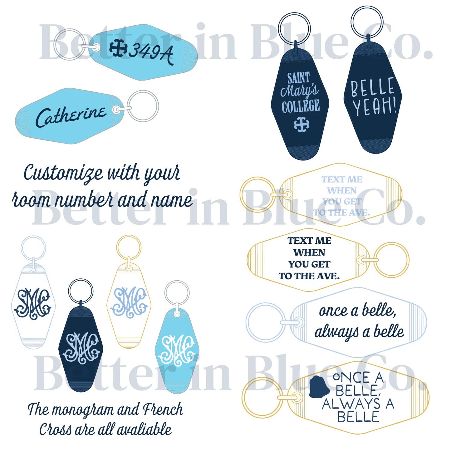 Saint Mary's College CUSTOM Keychains | Retro Motel | Navy | Belles Blue | White | Clear | Better in Blue Co.
