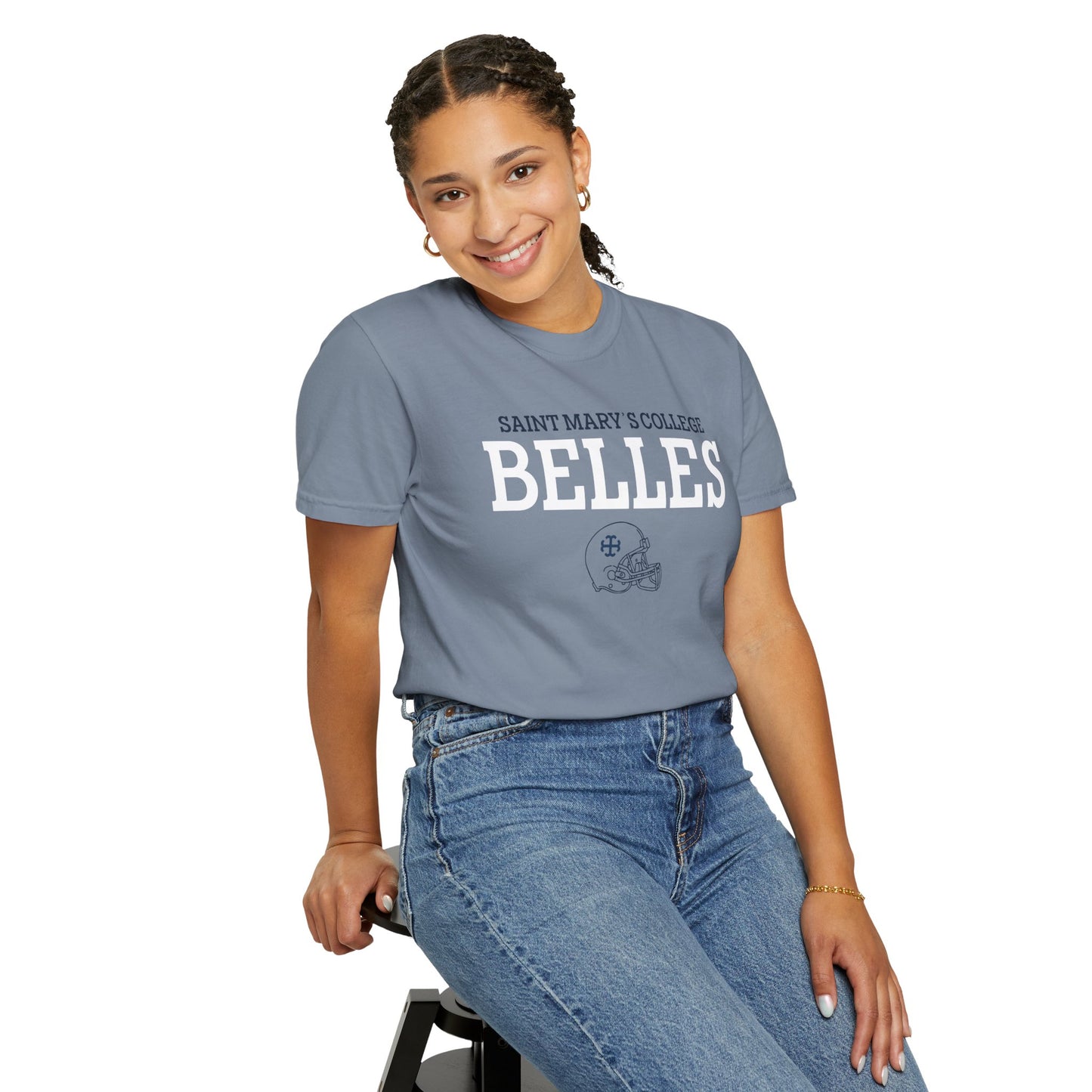 Saint Mary's College Belles with Football Helmet | 44 | Unisex T-shirt | French Cross | Better in Blue Co.