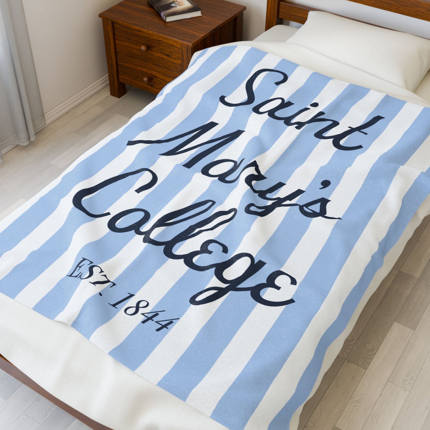 Saint Mary's College Velveteen Plush Blanket | Cabana Stripes | Belles Blue | 1844 | Better in Blue Co.