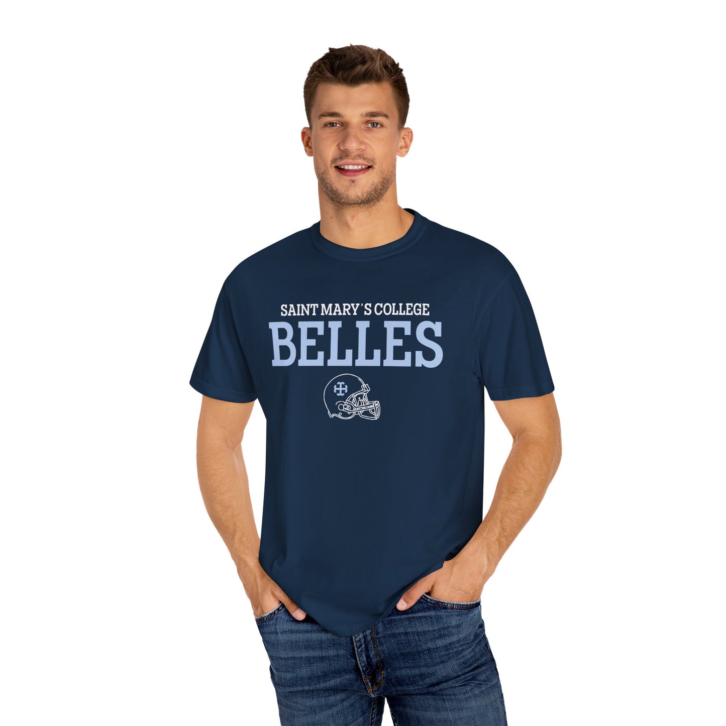 Saint Mary's College Belles with Football Helmet | 44 | Unisex T-shirt | French Cross | Better in Blue Co.