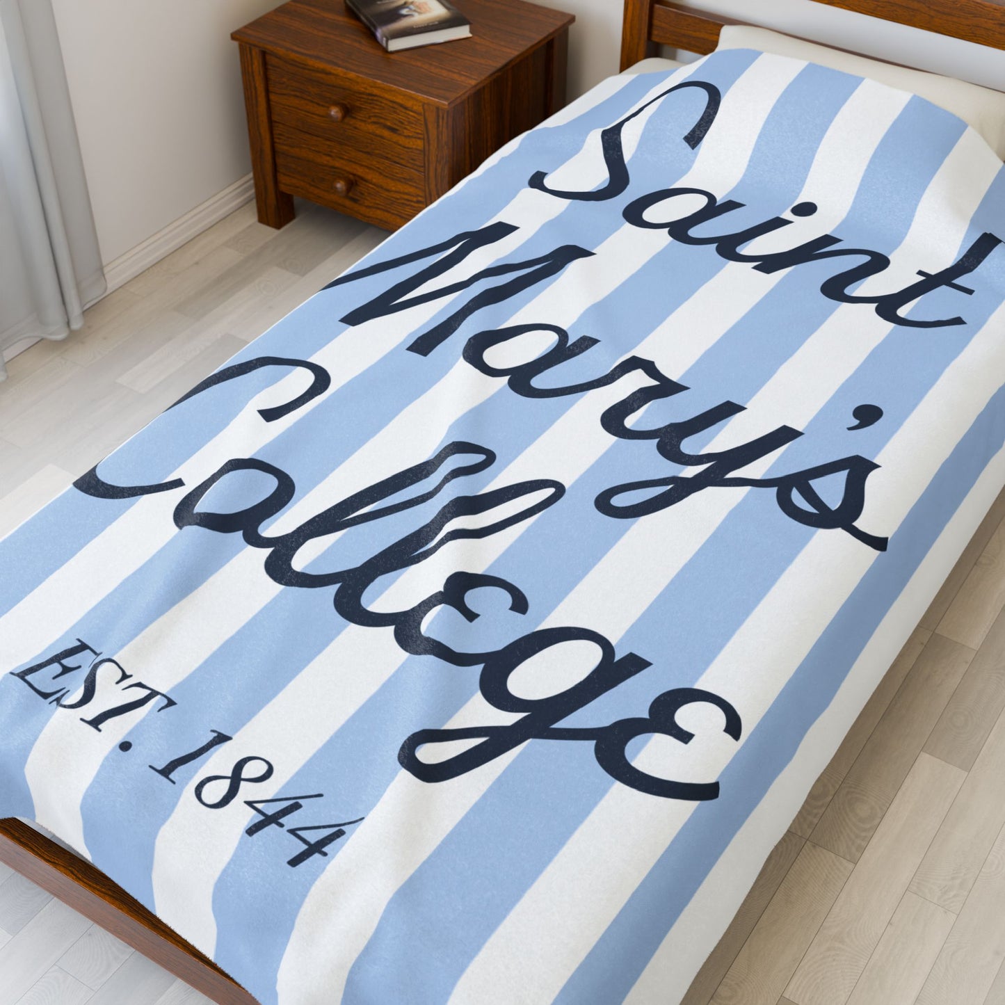 Saint Mary's College Velveteen Plush Blanket | Cabana Stripes | Belles Blue | 1844 | Better in Blue Co.