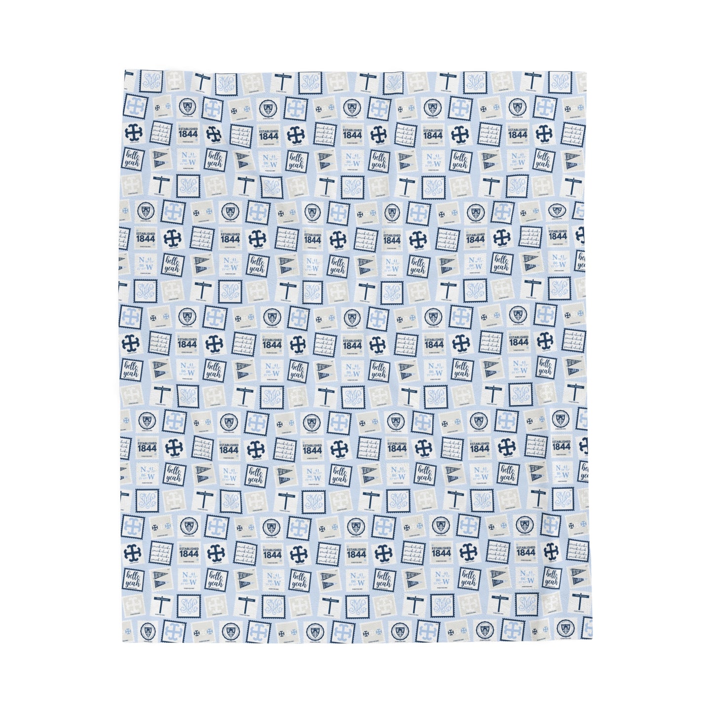 Saint Mary's College Postage Stamp Velveteen Plush Blanket | Belles | French Cross | The Avenue | Better in Blue Co.