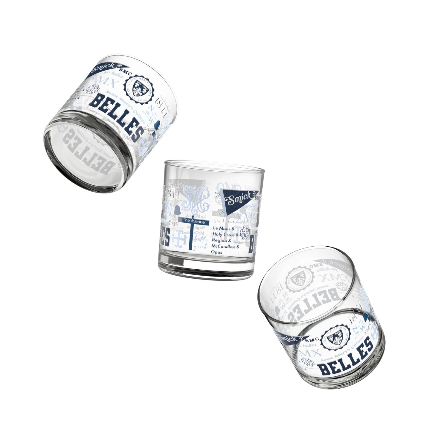 Saint Mary's College Rocks Glass | Belles | 1844 | French Cross | Better in Blue Co.