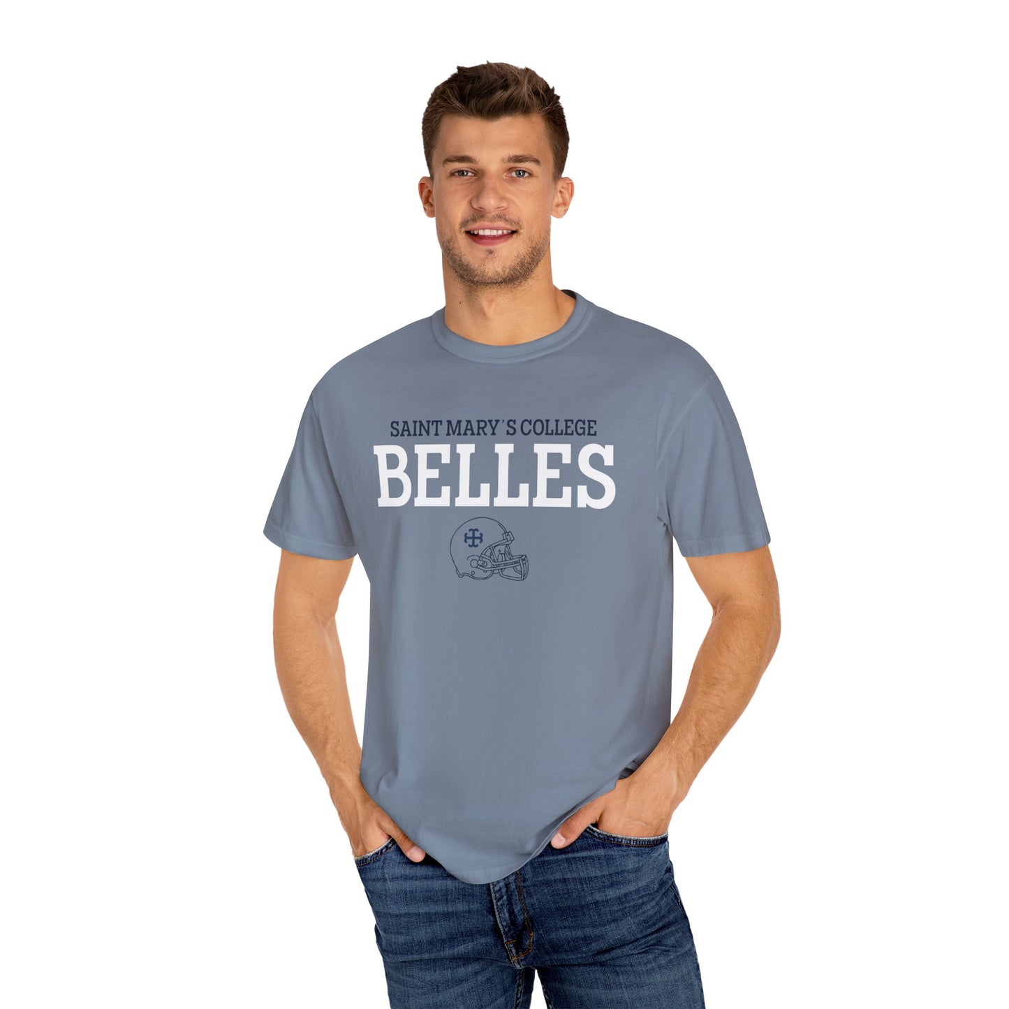 Saint Mary's College Belles with Football Helmet | 44 | Unisex T-shirt | French Cross | Better in Blue Co.