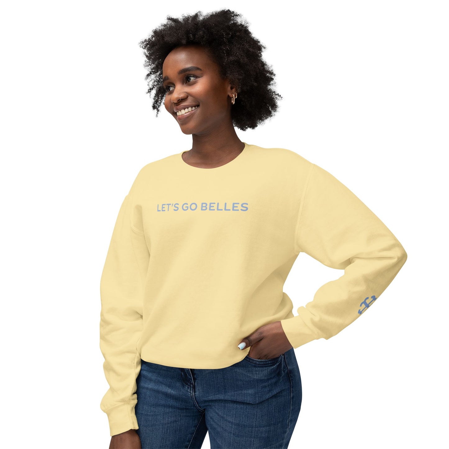 Saint Mary's College "Let's Go Belles" with French Cross Lightweight Crewneck | 1844 | Smick | Better in Blue Co.