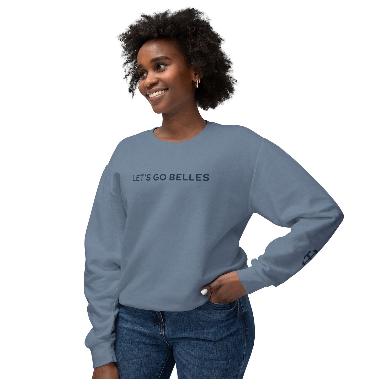 Saint Mary's College "Let's Go Belles" with French Cross Lightweight Crewneck | 1844 | Smick | Better in Blue Co.