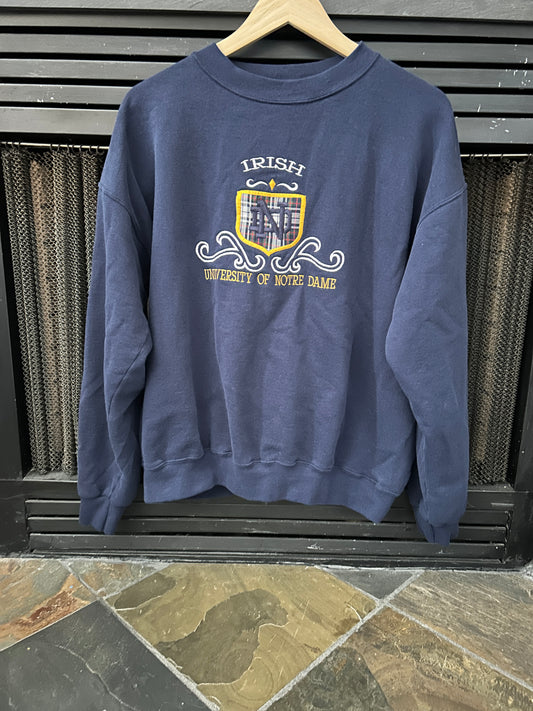 Vintage Notre Dame Sweatshirt Navy with Plaid Embroidered Large