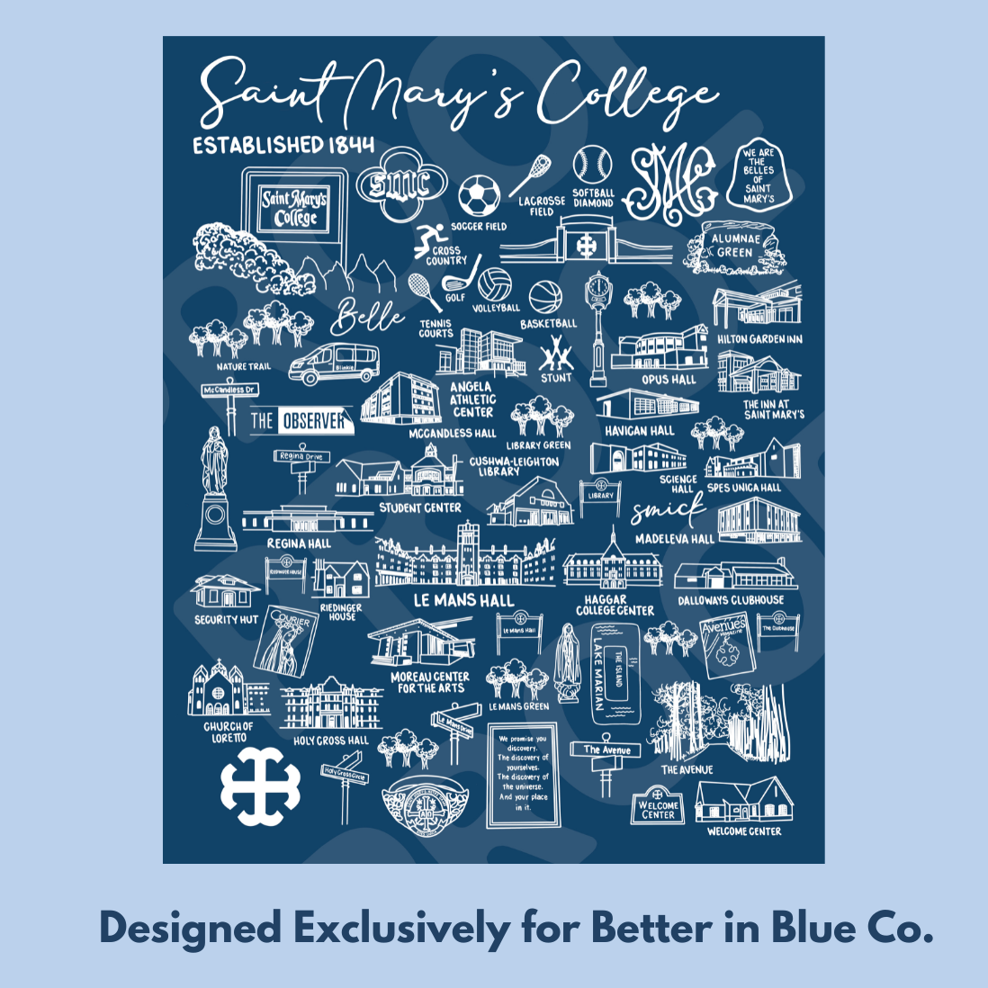 Saint Mary's College Art Print | Small Business | Belles | French Cross | Better in Blue Co.