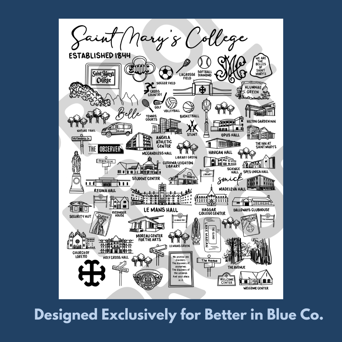Saint Mary's College Art Print | Small Business | Belles | French Cross | Better in Blue Co.