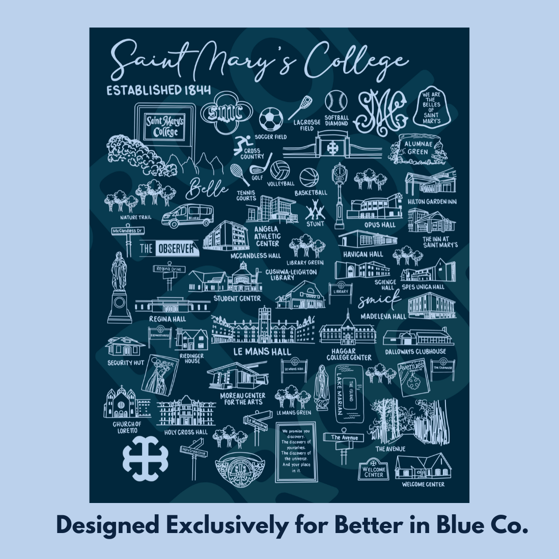 Saint Mary's College Art Print | Small Business | Belles | French Cross | Better in Blue Co.