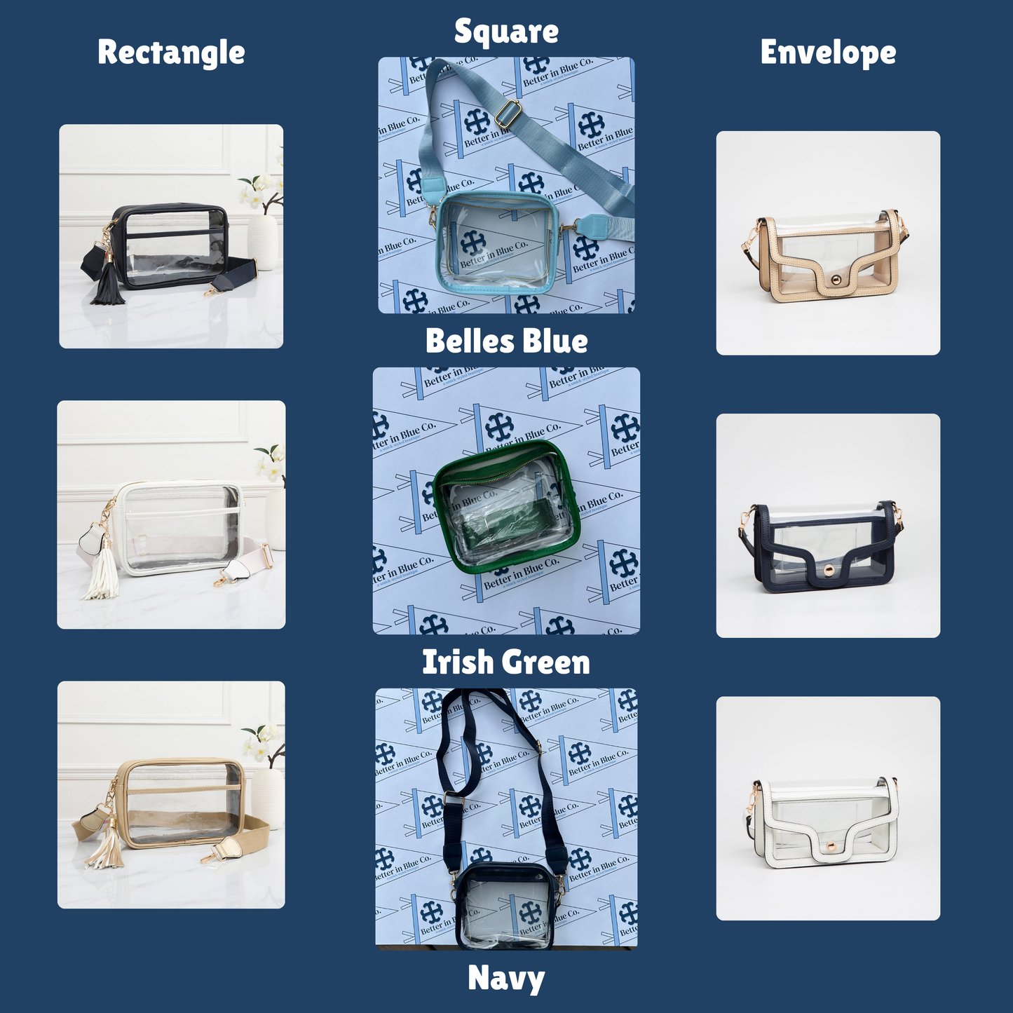 Better in Blue Co. Clear Rectangle Crossbody Bag for Stadium | Game Day | Notre Dame | Belles | Saint Mary's College