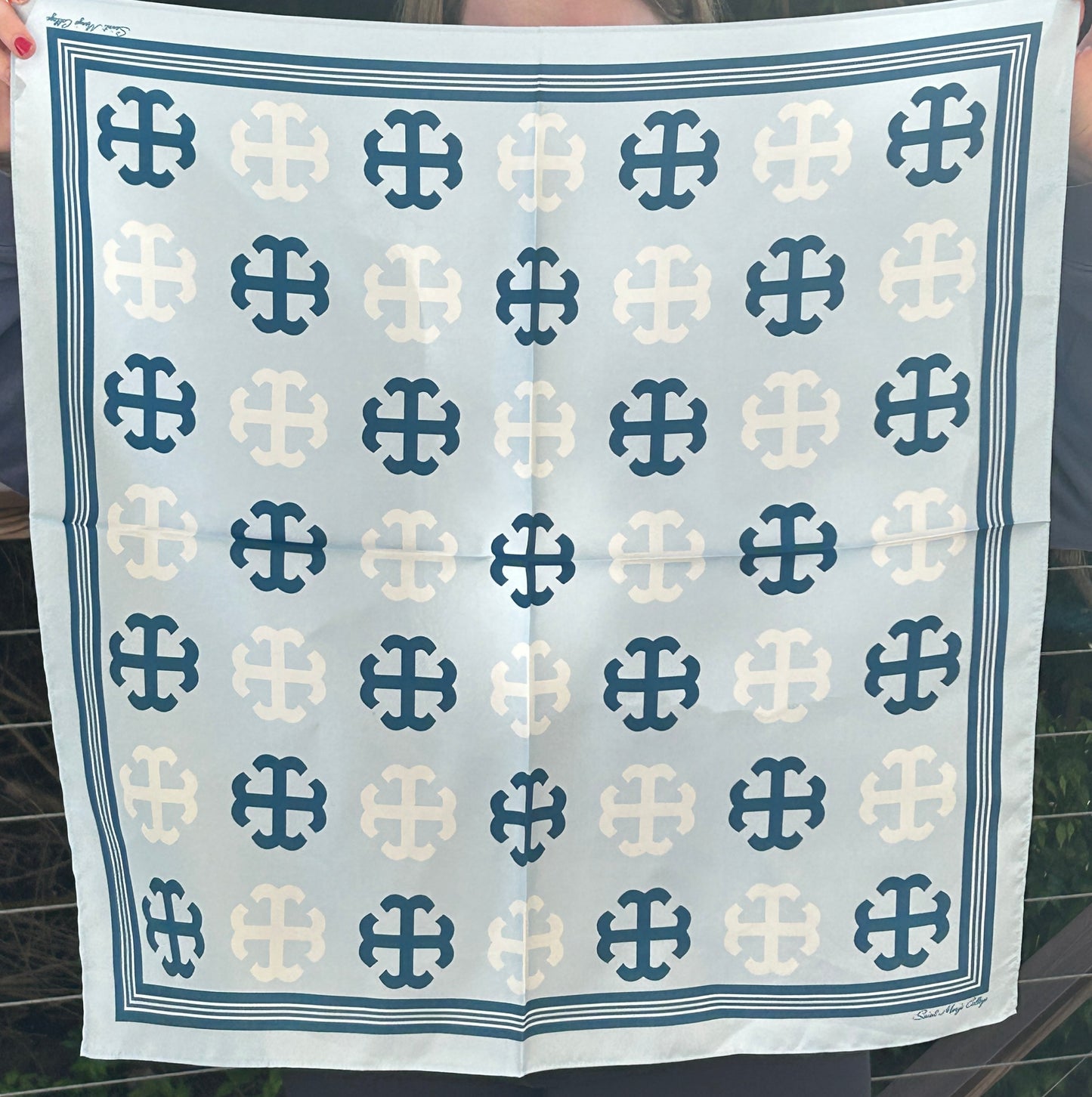 French Cross Signature Pattern 100% Silk Square Scarf | Saint Mary's College | Better in Blue Co.