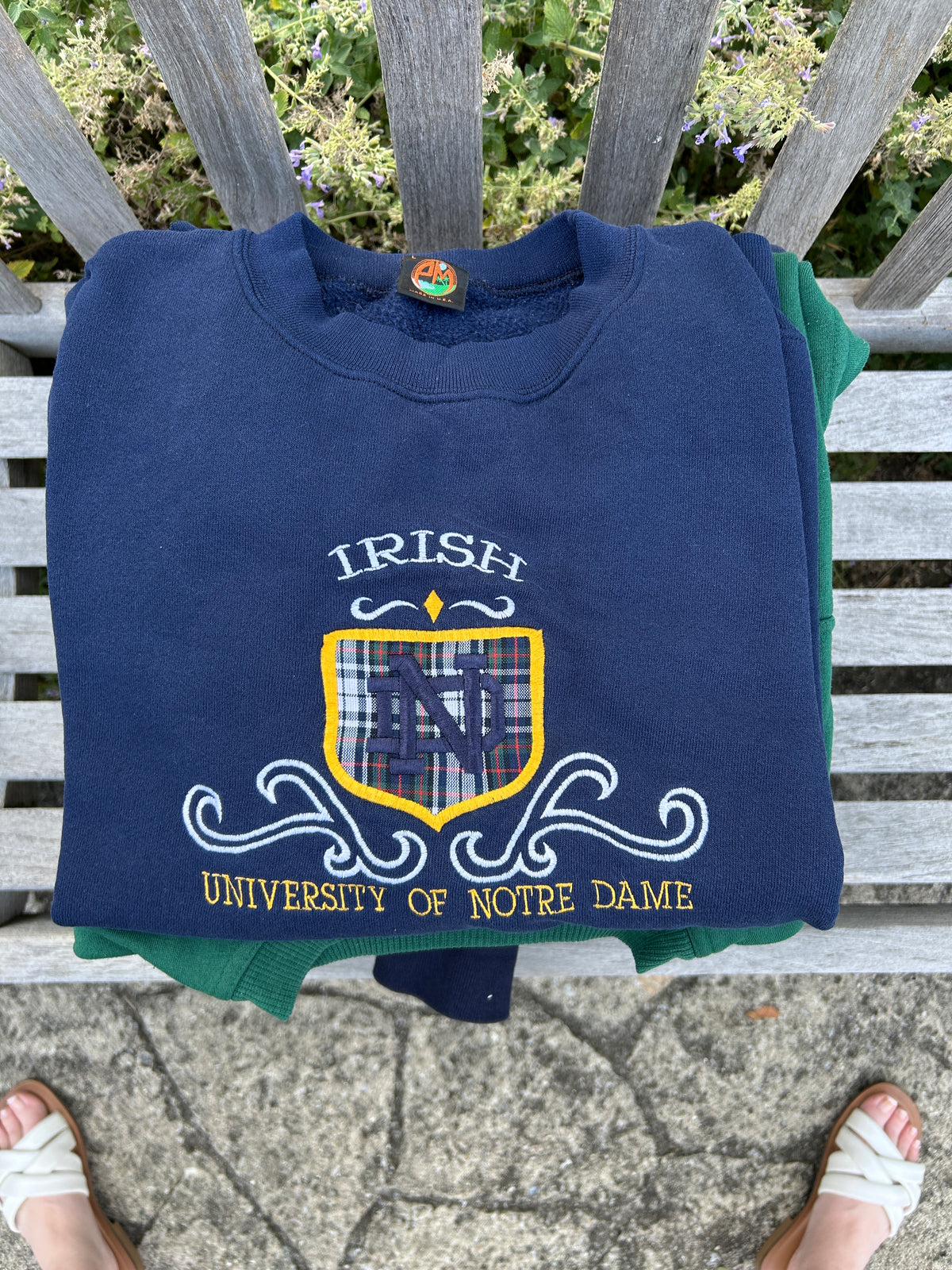 Vintage Notre Dame Sweatshirt Navy with Plaid Embroidered Large