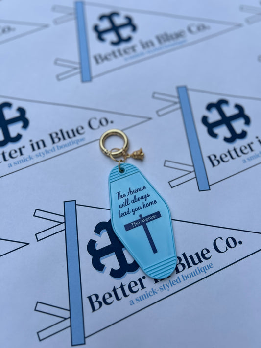 Saint Mary's College The Avenue Will Lead You Home Motel Key Bag Charm | Keychain | Gold | Belles | Better in Blue Co.