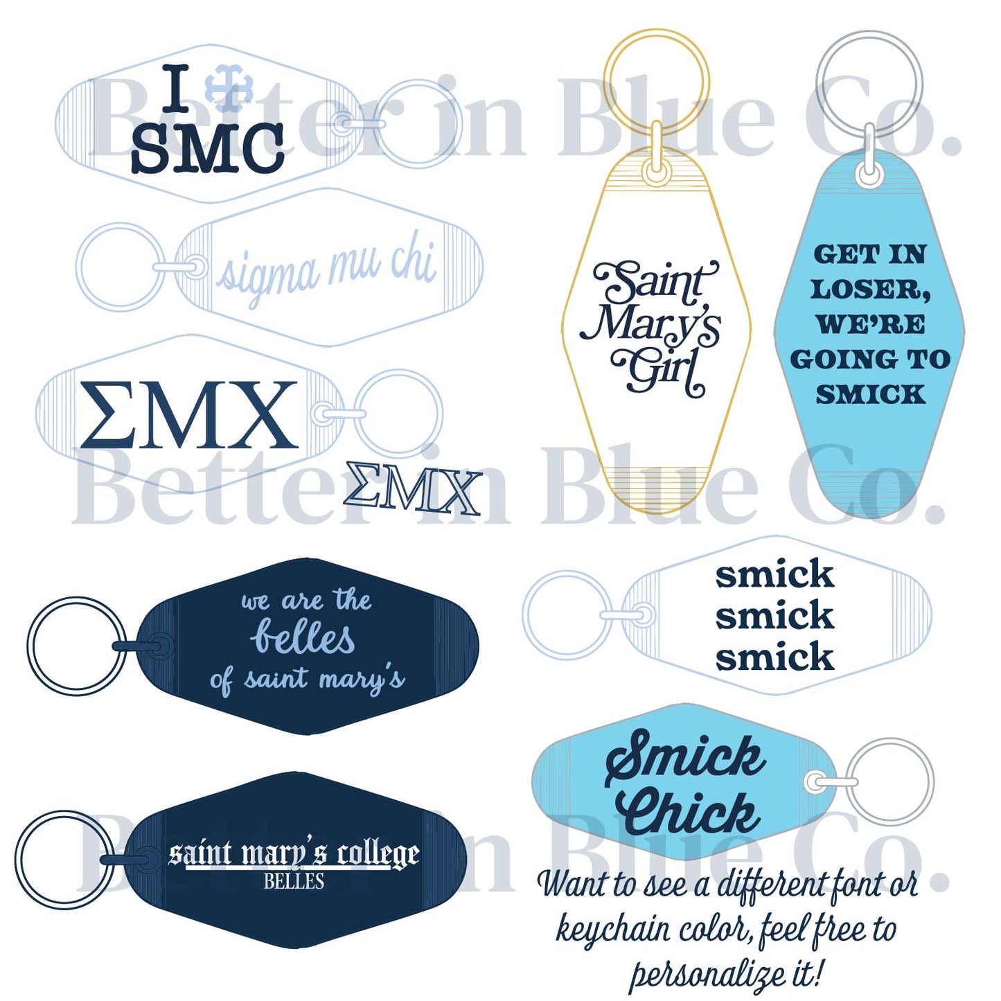 Saint Mary's College CUSTOM Keychains | Retro Motel | Navy | Belles Blue | White | Clear | Better in Blue Co.